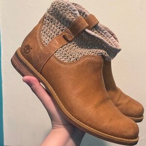 Timberland Women’s Cognac Leather Ankle Booties with Woven Cuff